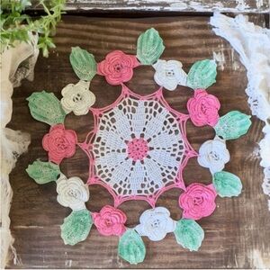 Vintage Hand Crafted Pink and White Rose Floral Crochet Doily
